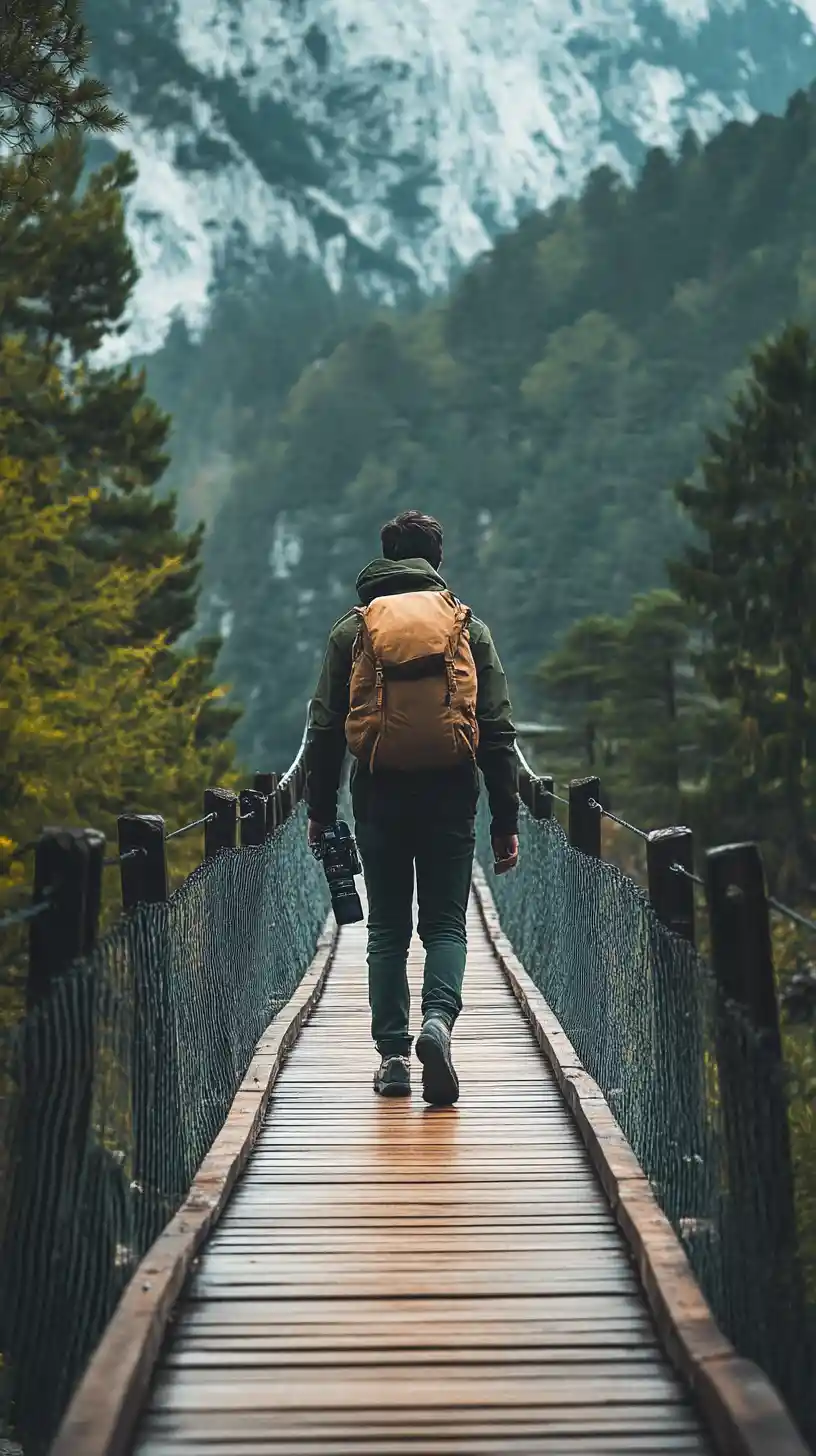 Traveler crossing a wooden bridge in the mountains