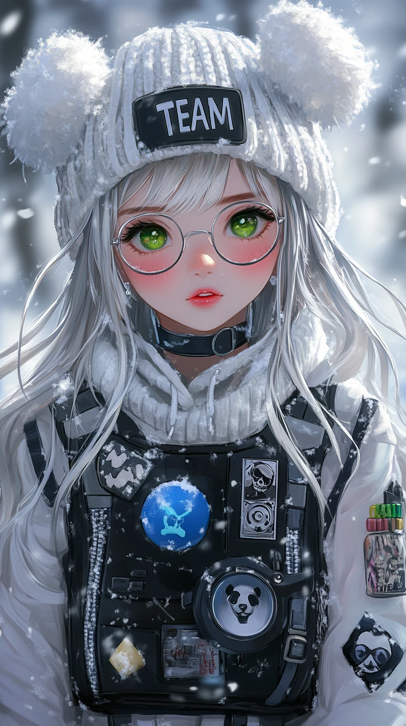 Anime girl in techwear with white hat in falling snow