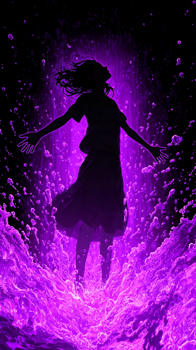 Donna anime che si innalza in un’energia magenta contro il vuoto nero