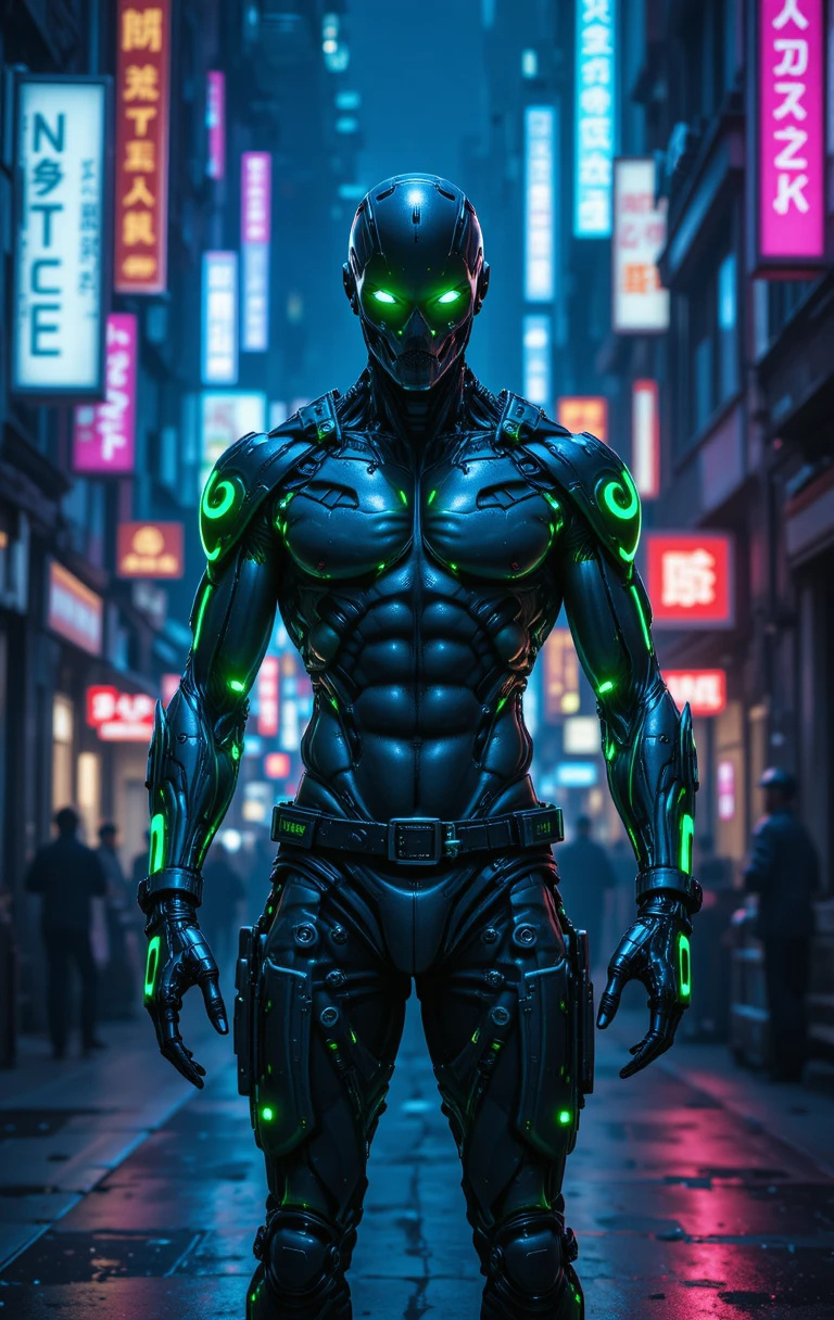 Cyborg fighter in neon cyberpunk city street