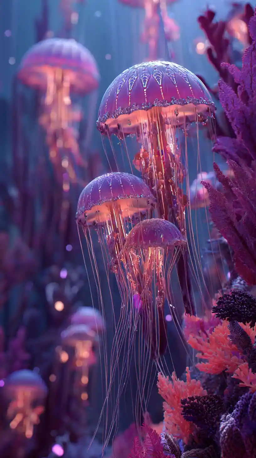 Neon jellyfish drifting in a futuristic underwater world
