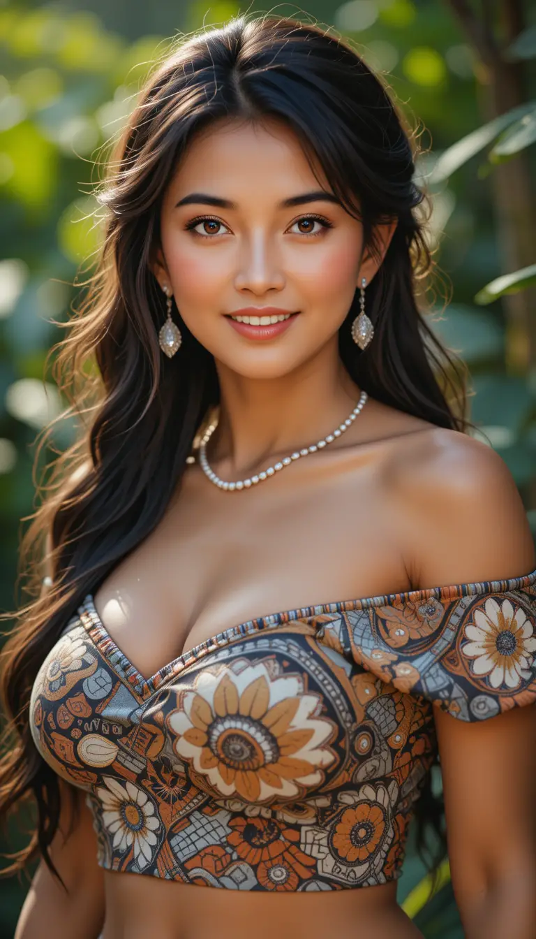 Young Samoan woman smiling in a tropical garden portrait
