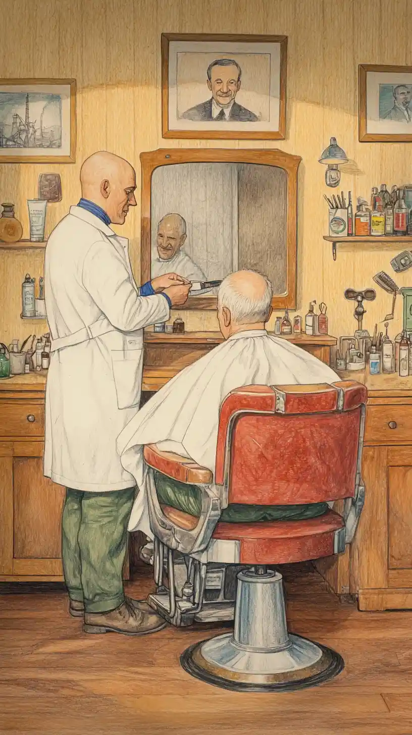 Illustration eines traditionellen Barbershops mit Barbier und sitzendem Kunden