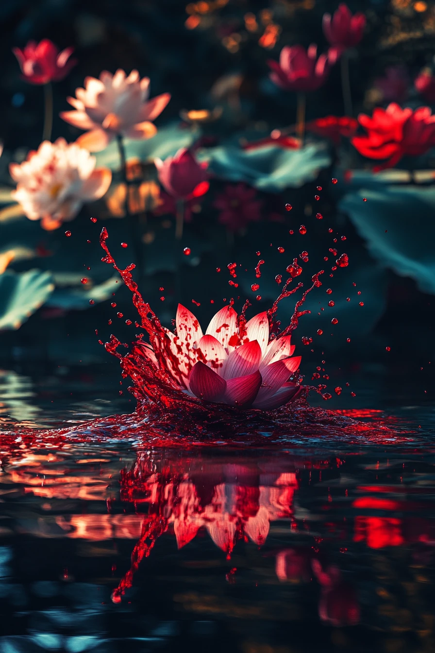 Ominous lotus inviting quiet fate amid distant flowers