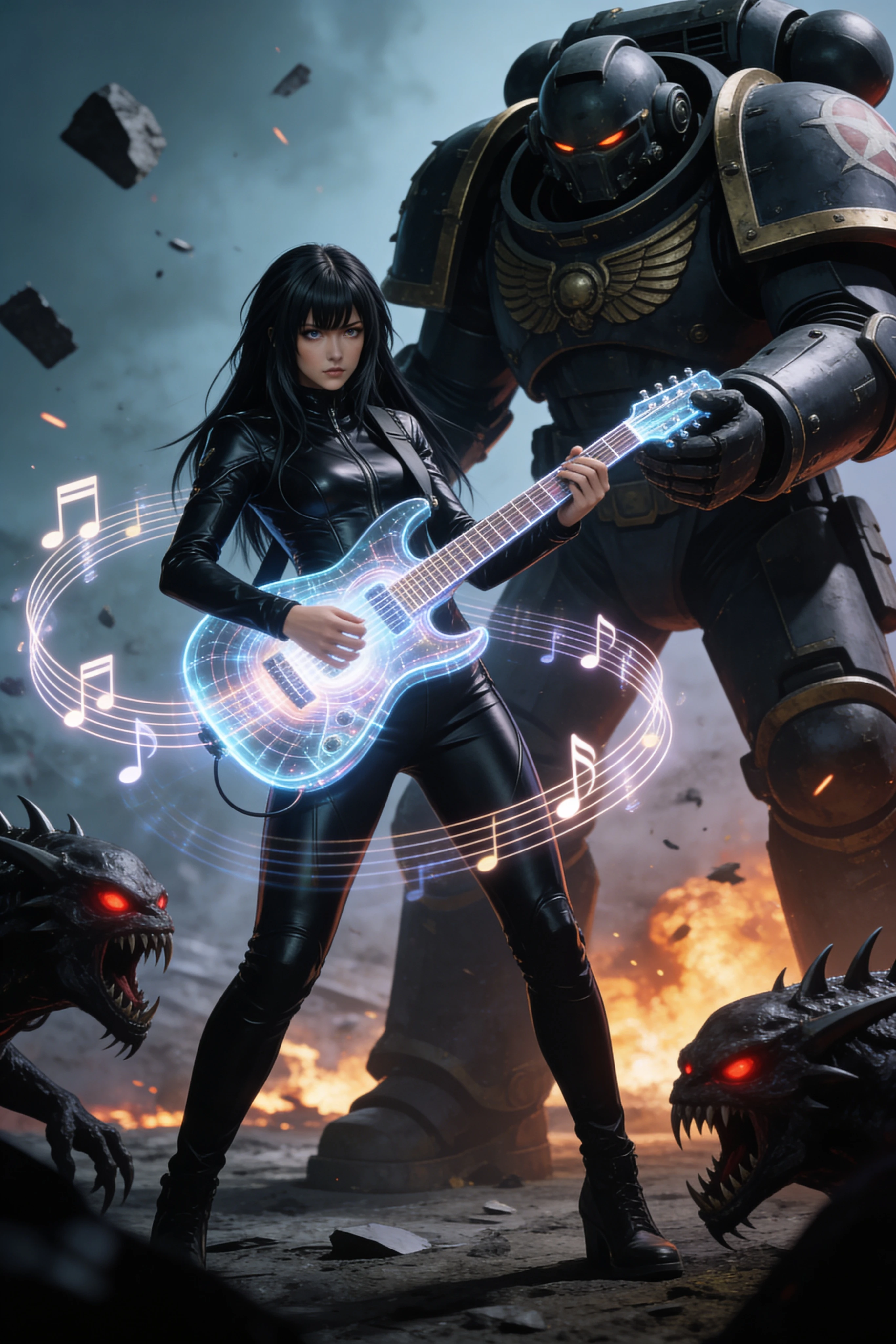 Female rockstar with holographic guitar on alien battlefield