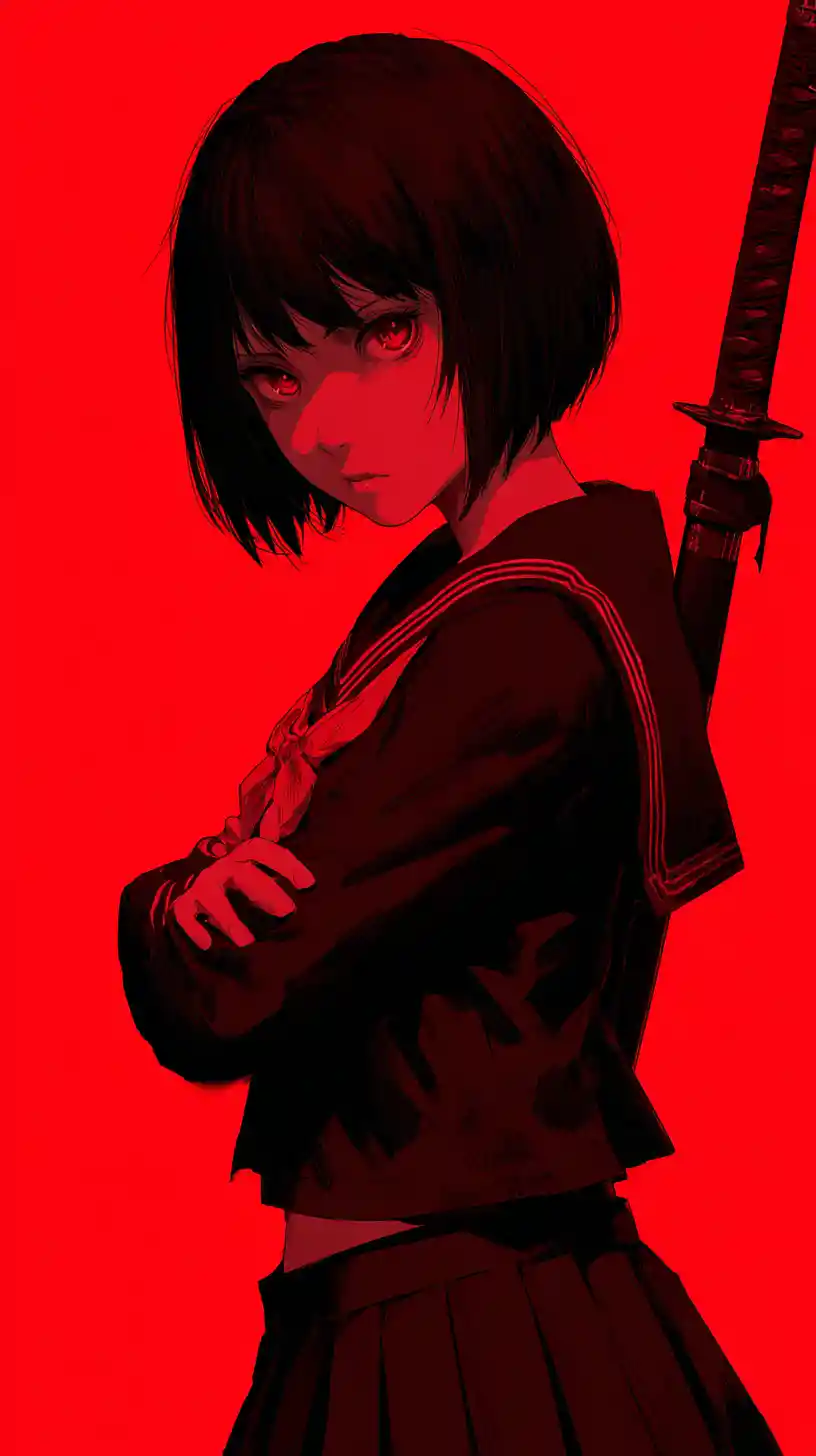 Anime schoolgirl with katana on vivid red background