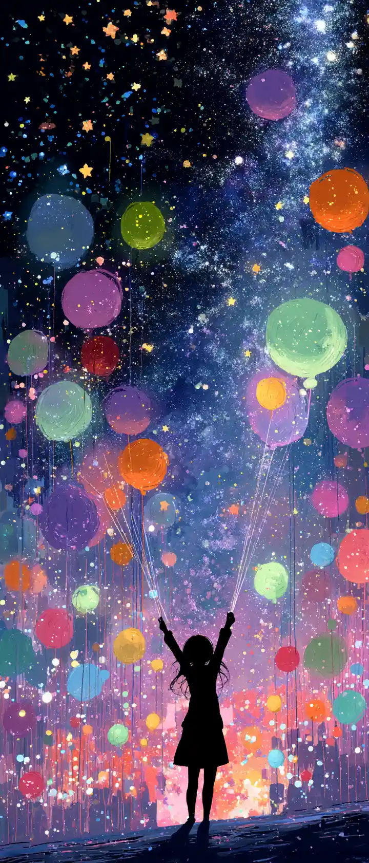 Anime girl catching stars that turn into glowing balloons