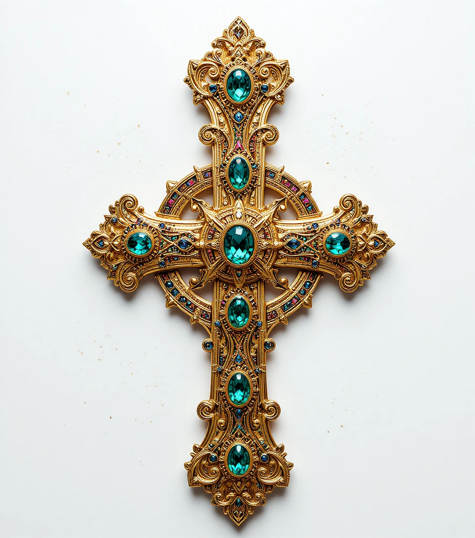 Close up gold cross pendant with green emeralds