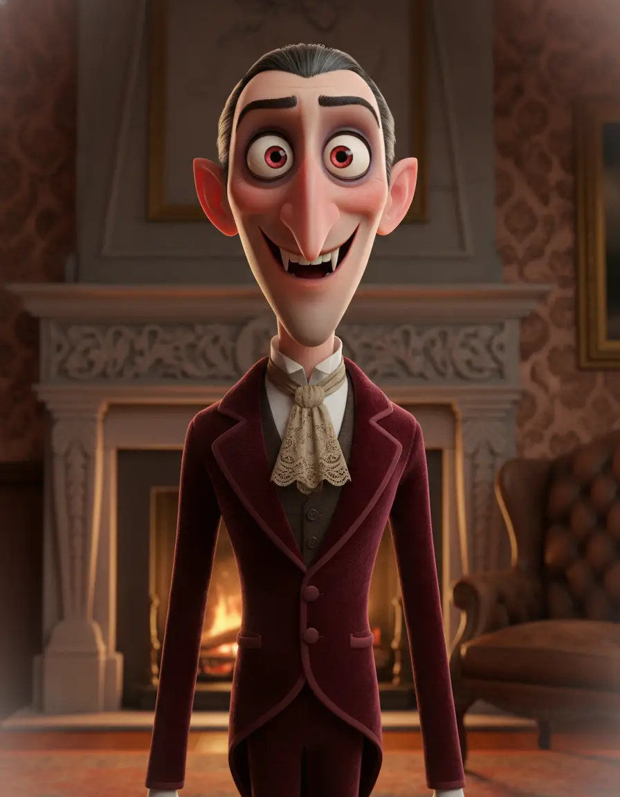 Photorealistic 3D vampire portrait with eccentric expression