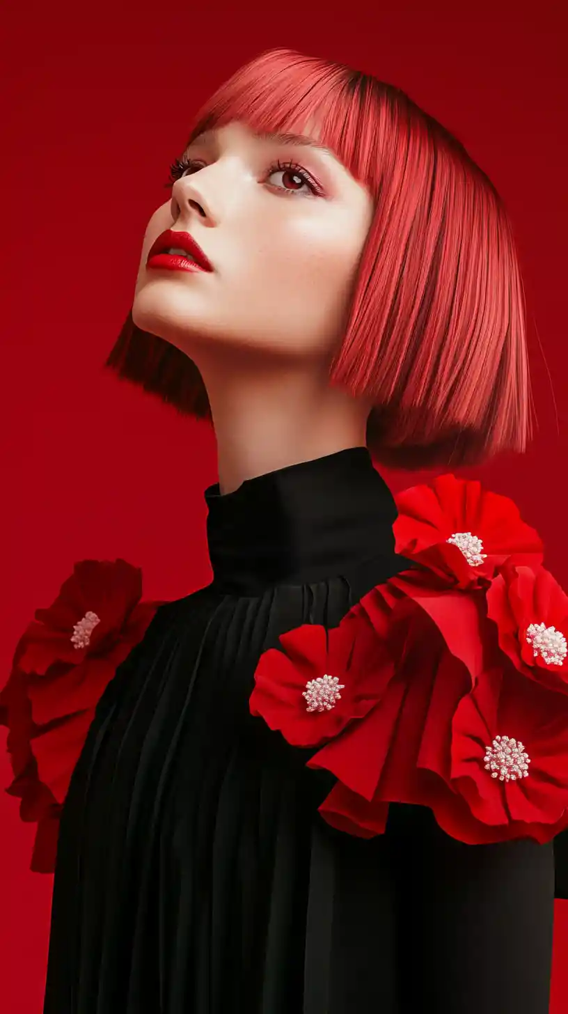 Stylish anime woman in black dress on red background