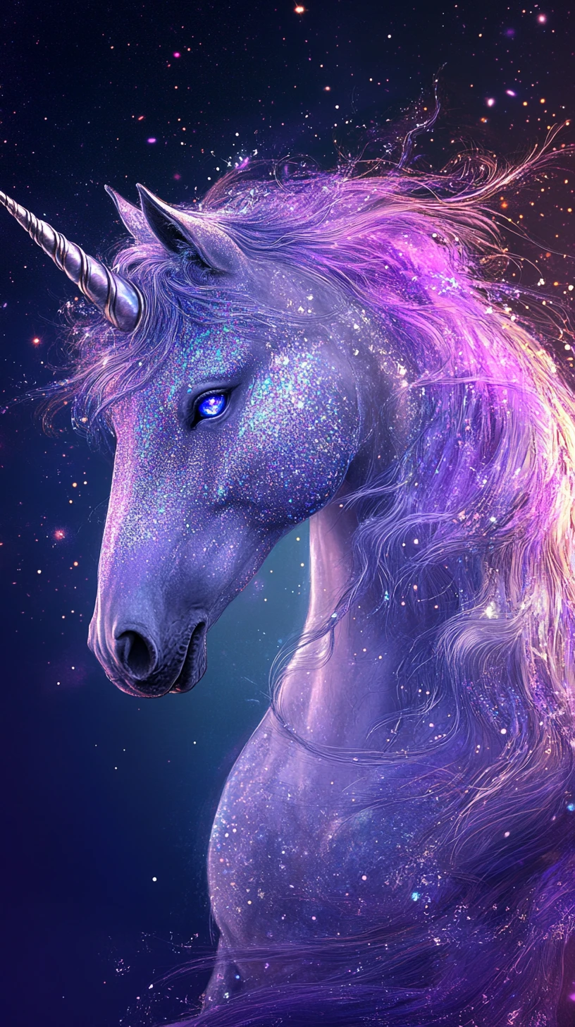 Ethereal unicorn under a starry sky with shimmering colors
