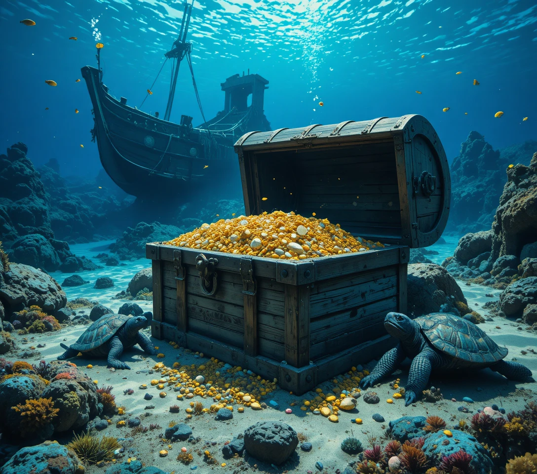 Underwater treasure chest among ruins and marine life