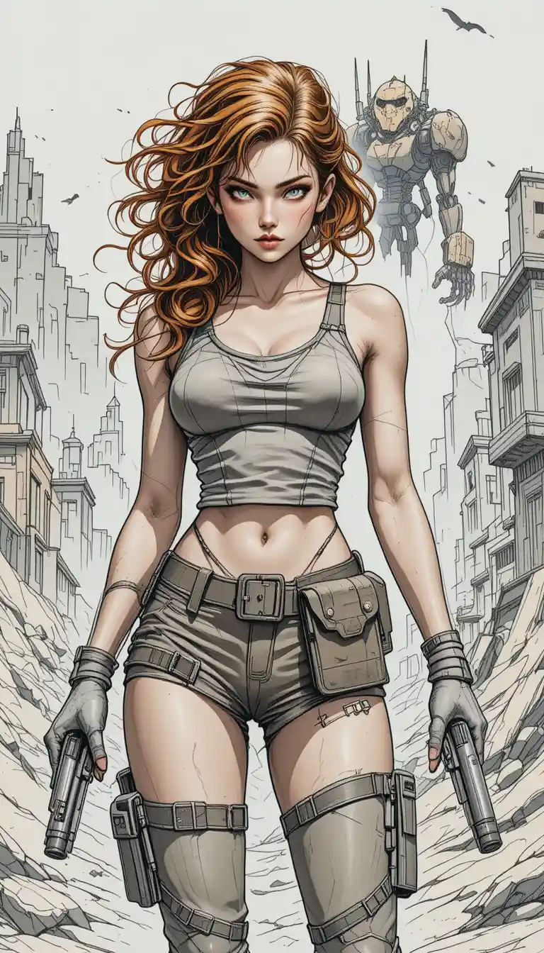 Battle worn woman with pistols in ruined cityscape