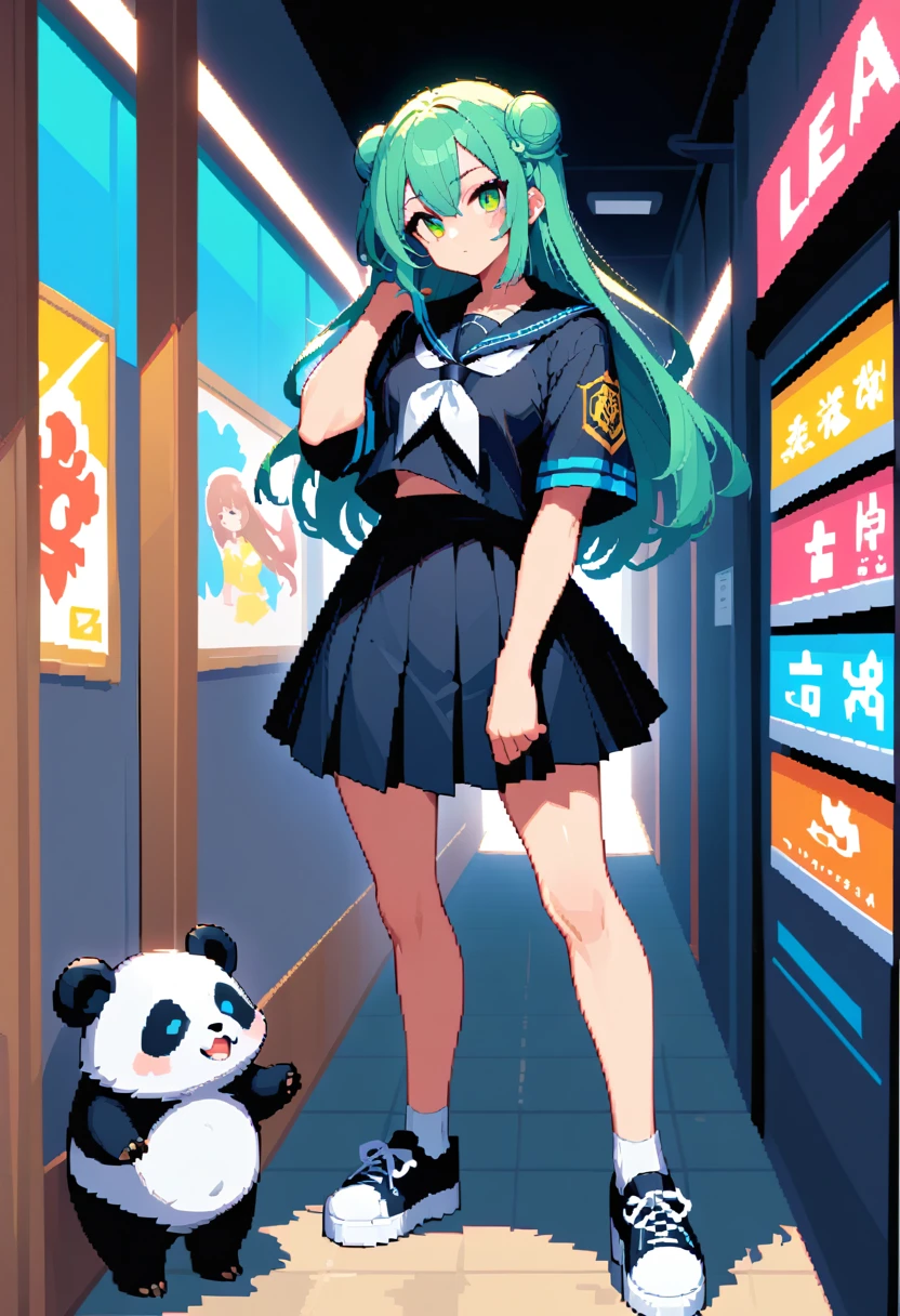 Anime girl with panda plush walking in a modern mall
