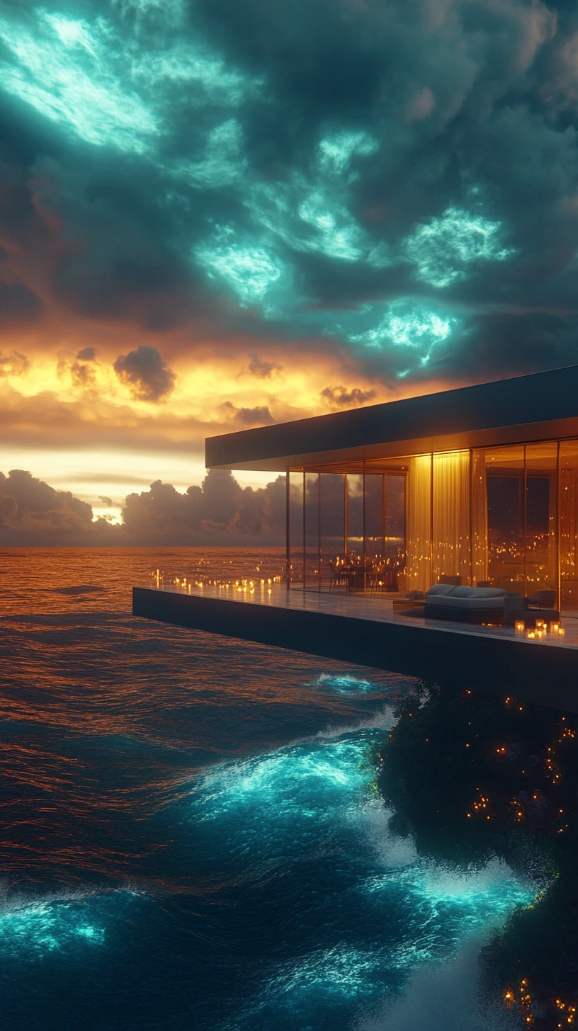 Glass mansion terrace above a glowing neon blue ocean