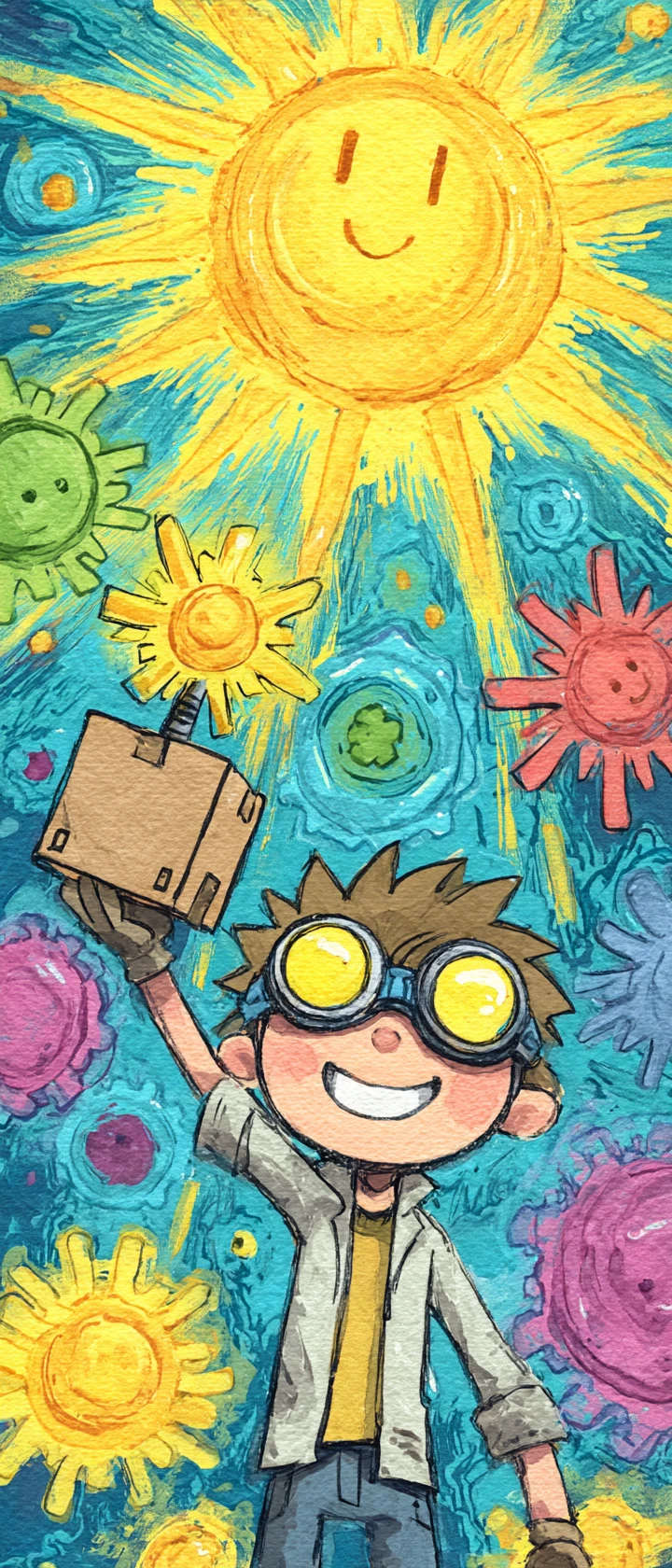 Niño inventor de anime con una divertida máquina de sol de cartón