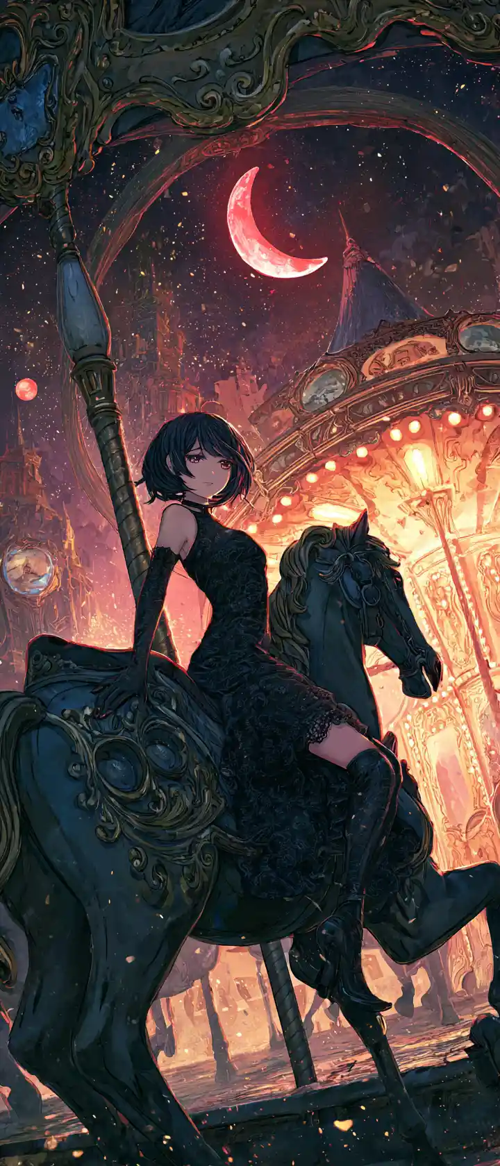 Gothic woman on a decaying carousel in eerie neon fog