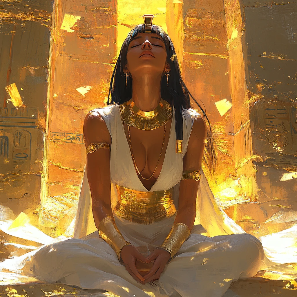 Egyptian princess standing in gold lit ancient ruins
