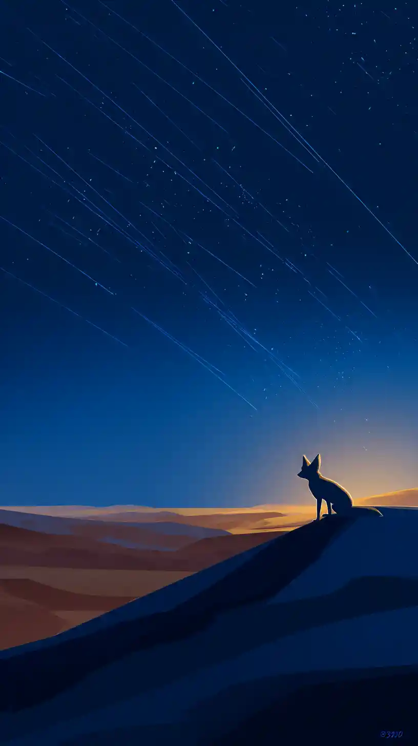 Lone fennec fox on desert dune beneath falling stars