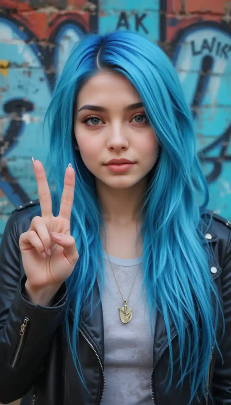 Chica de pelo azul con chaqueta de cuero posando frente a un muro de grafiti