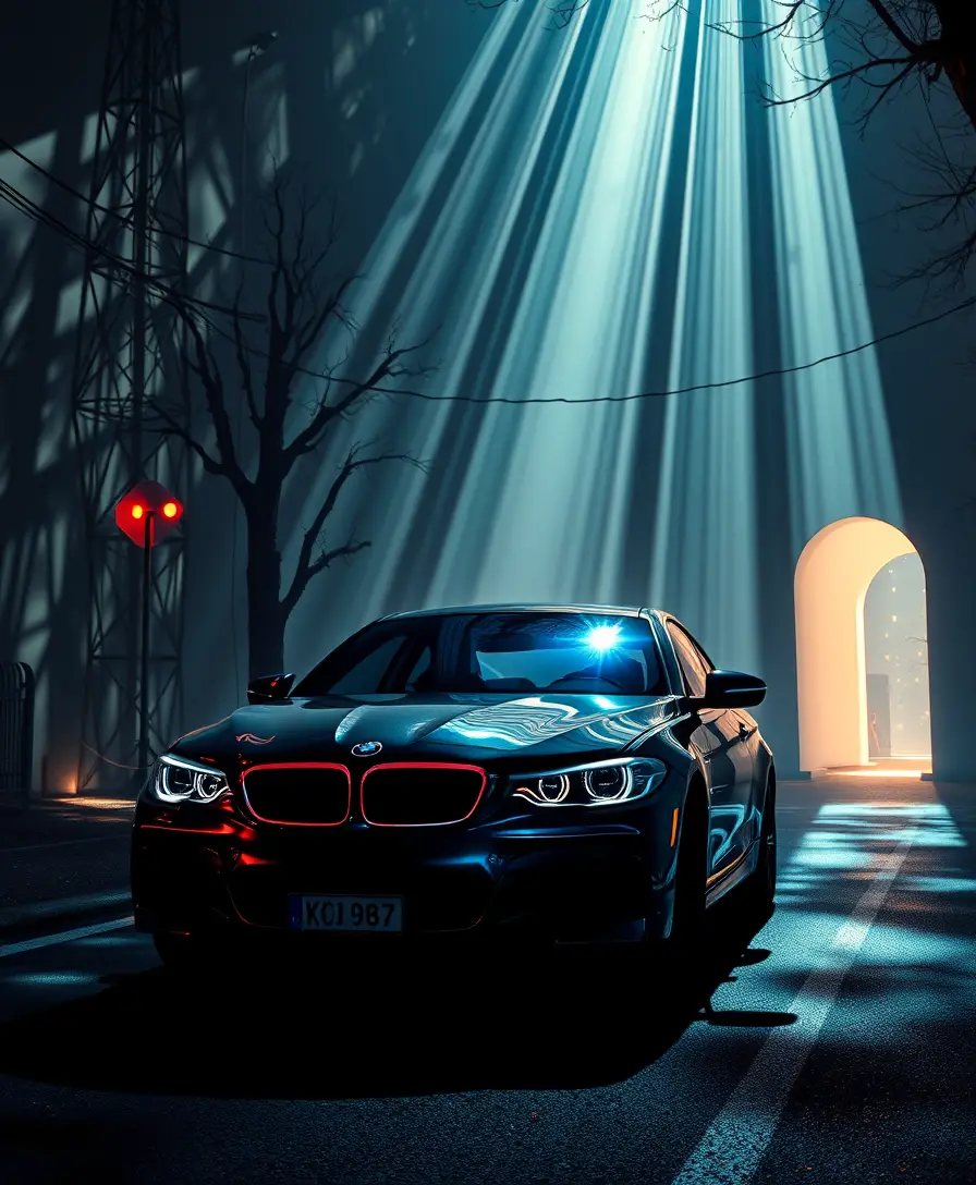 Surreal car driving through dramatic shadows in fantasy space