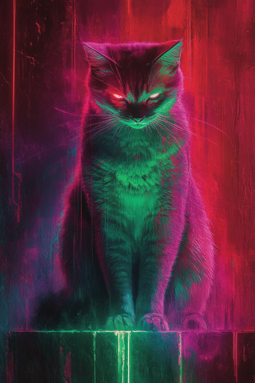 Gatto al neon sospeso tra la terra e l’inferno