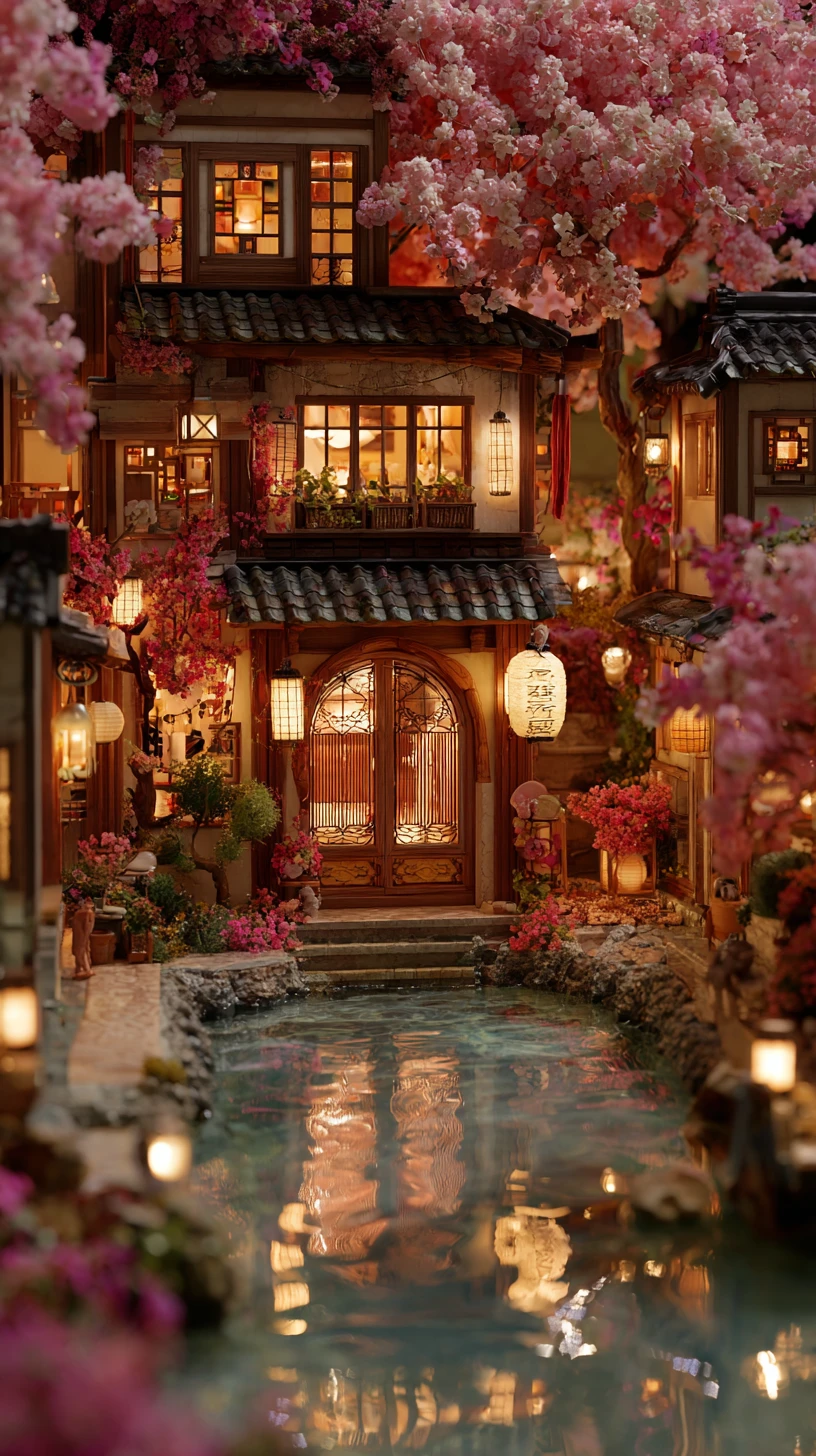Fantasy cherry blossom village with lantern lit wooden houses