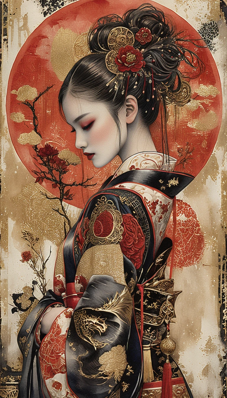 Profile portrait of a woman in ornate red and black kimono