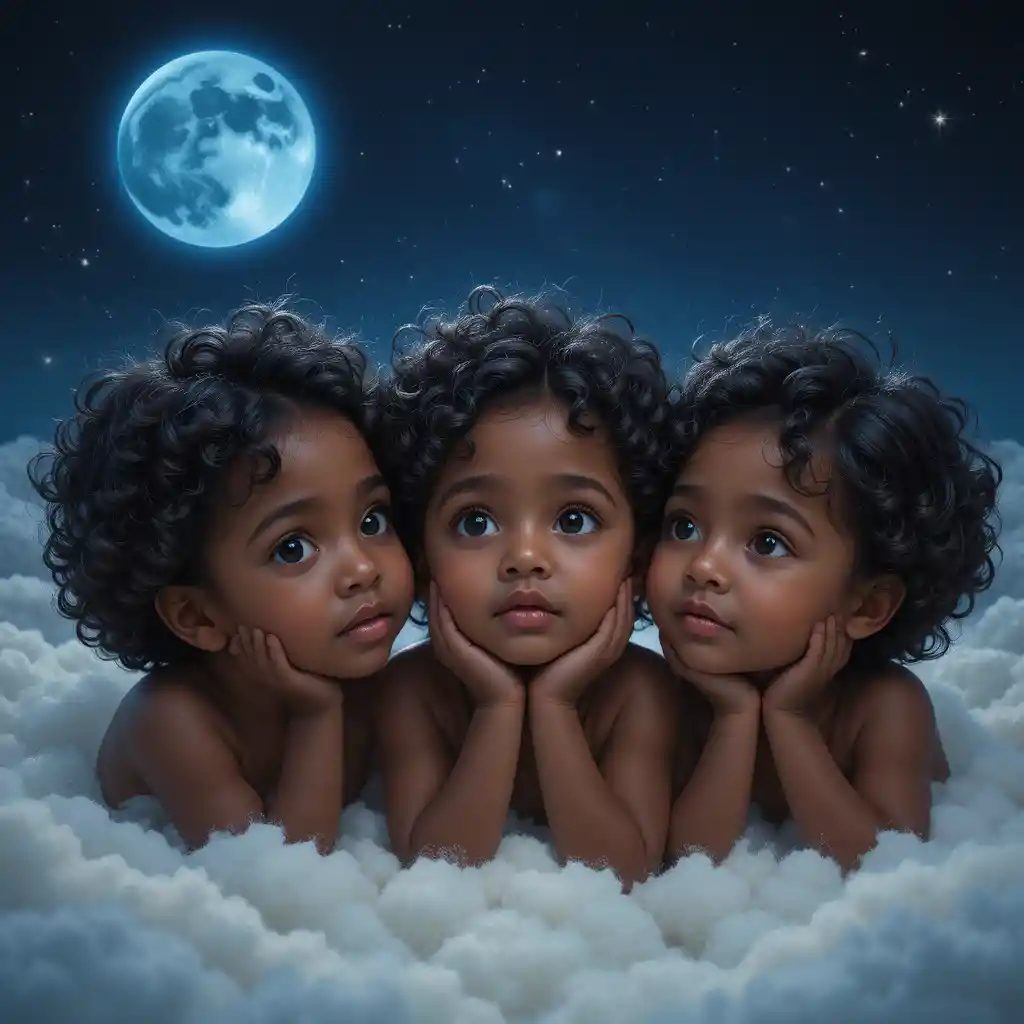 Black girl triplets resting on clouds under a blue moon