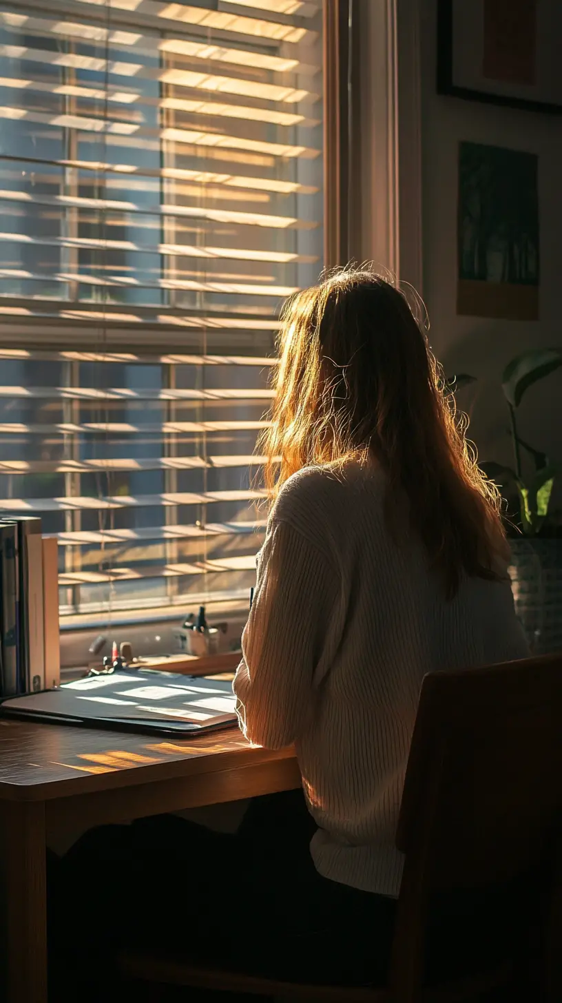 Student studying at a desk in soft window sunlight
