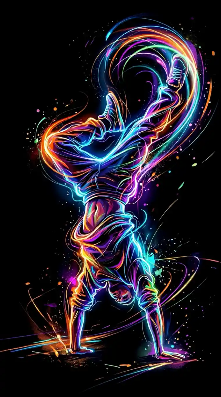 Vibrant neon lines forming an abstract street dancer
