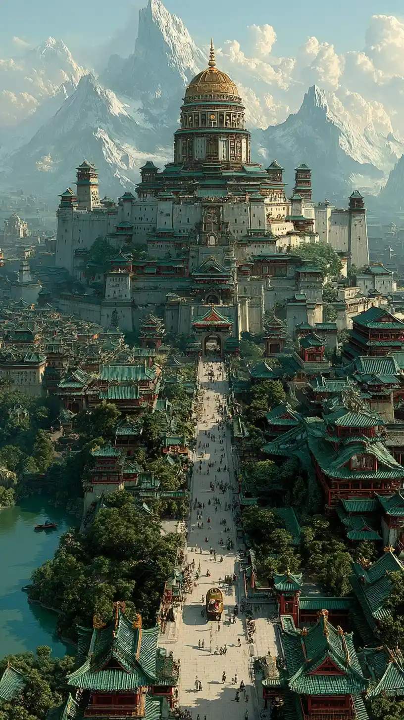 Aerial view of ancient Chang an in anime cityscape