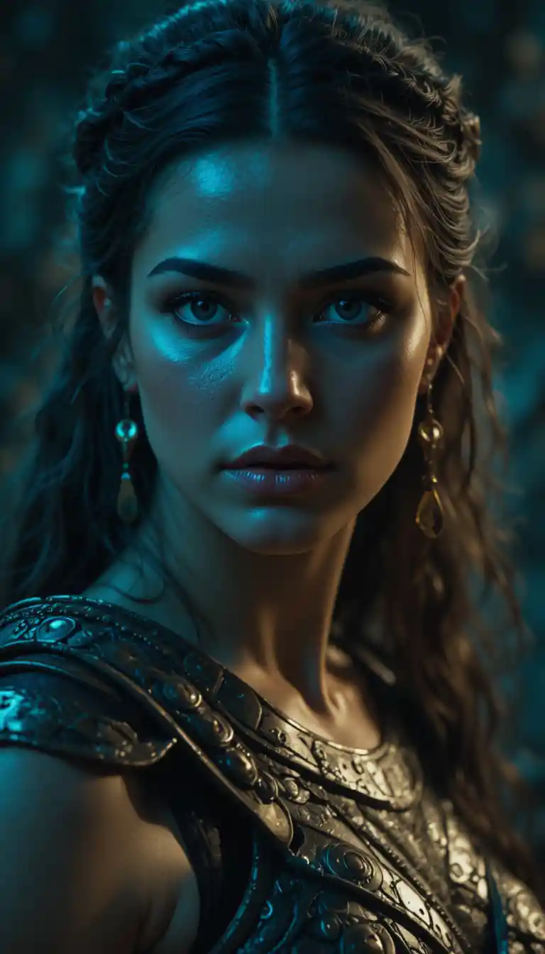 Confident Greek Female Warrior In Cinematic Close Up Portrait