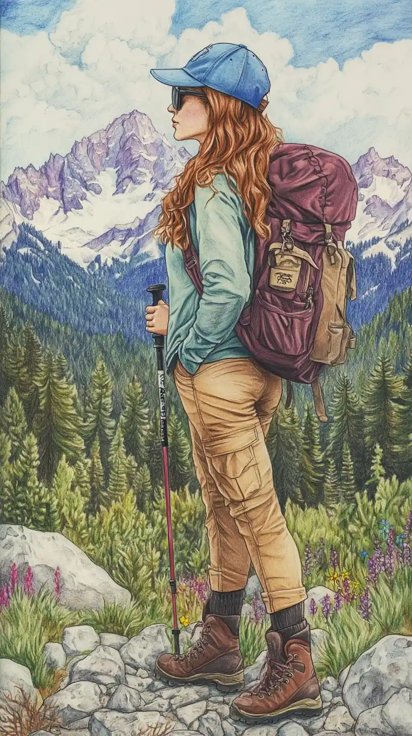 Junge Wanderin im Profil vor fernen Berggipfeln