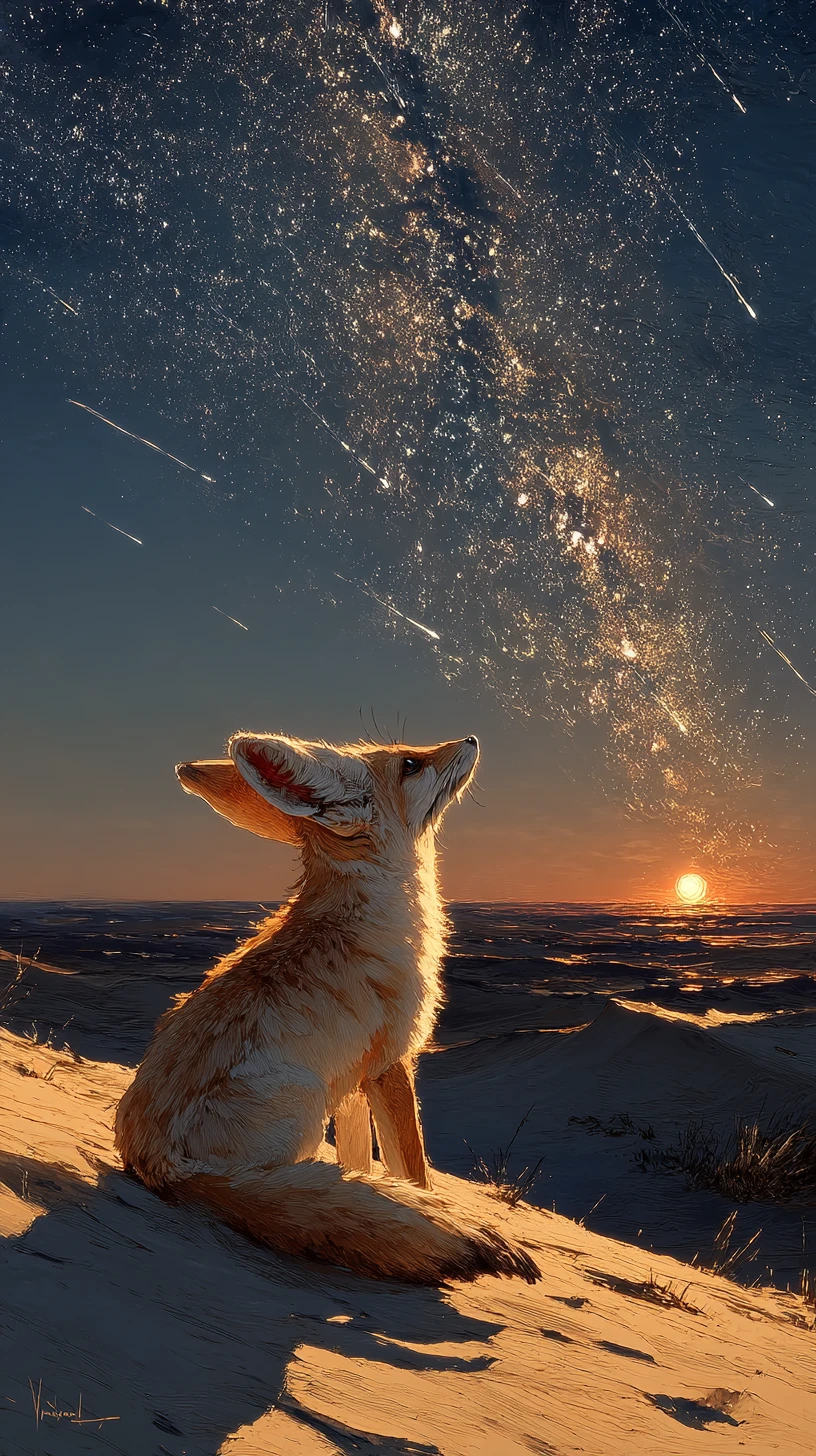 Pequeño zorro fénec en una duna desértica a la luz de la luna