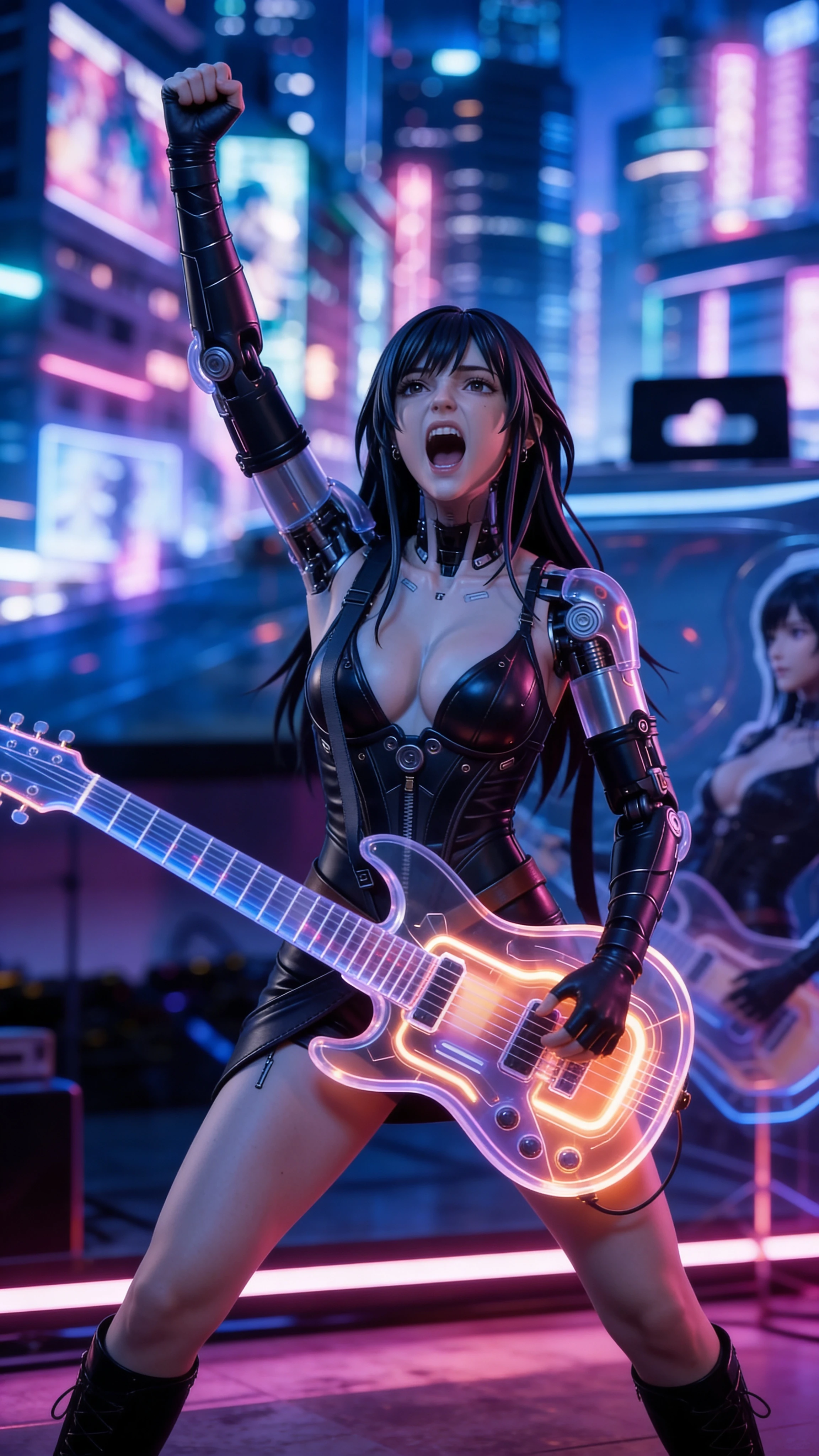 Rock musician striking a triumphant rebellious power pose