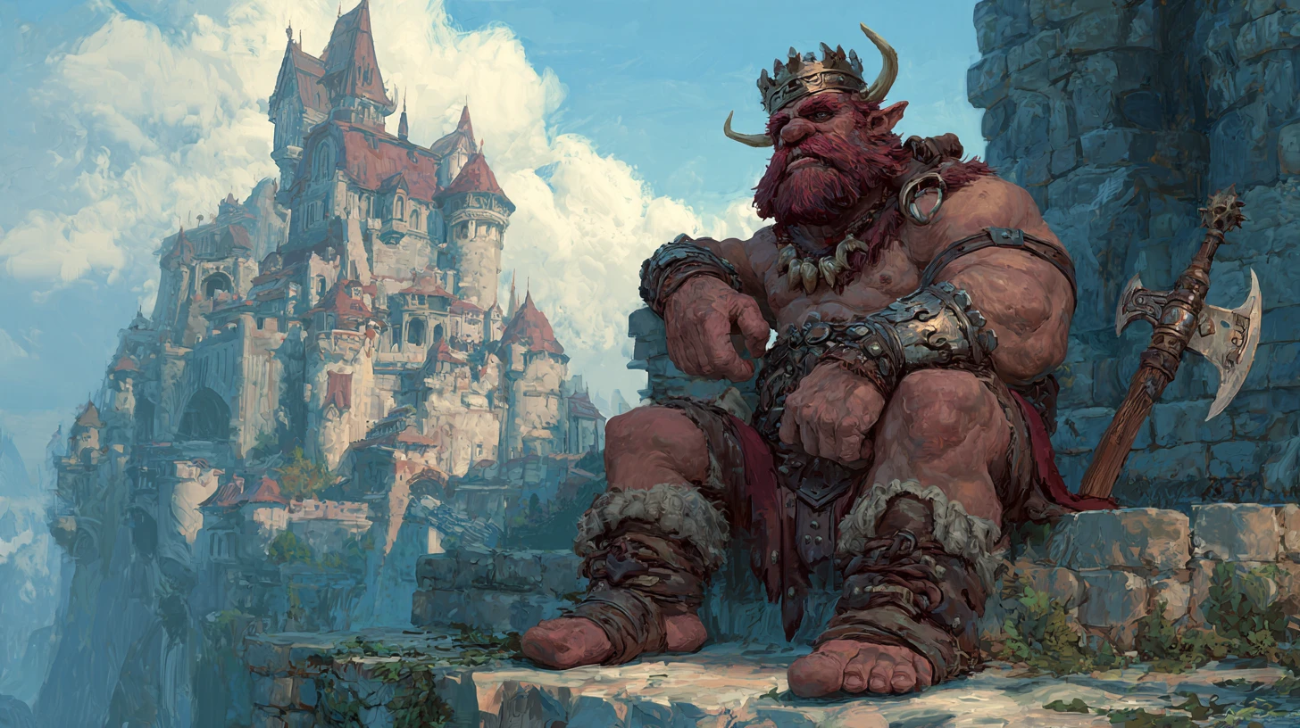 Regal troll king with axe before a vast stone castle
