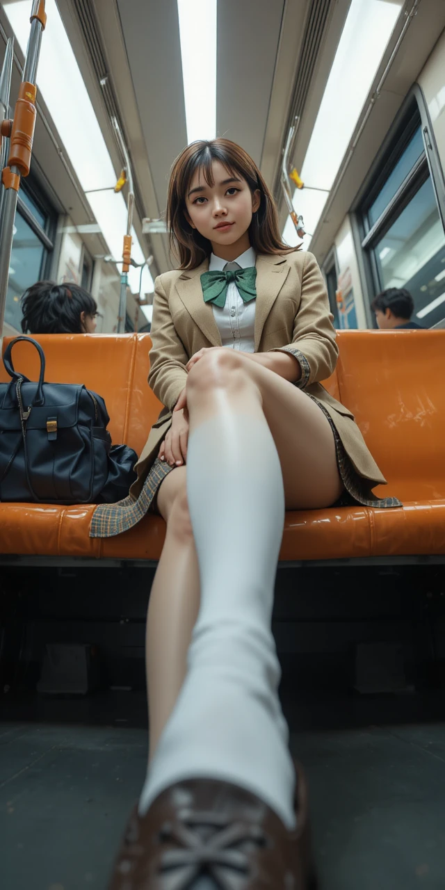 Anime schoolgirl sitting on a train from low angle