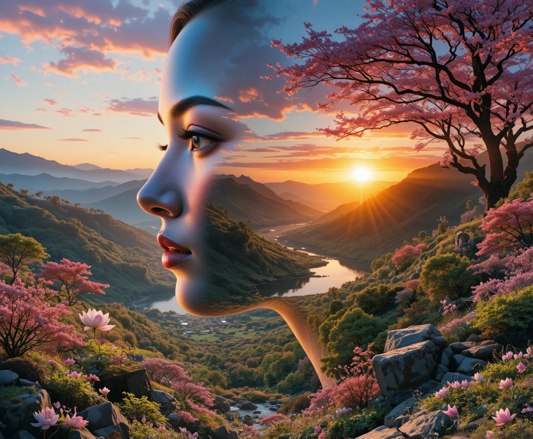 Surreal geisha profile blended with sunset valley landscape