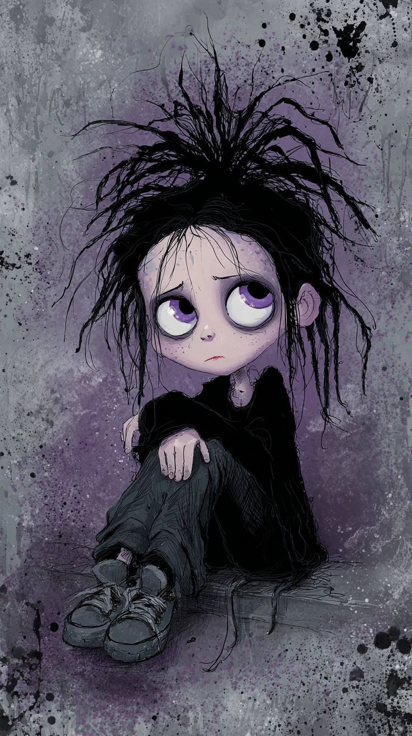 Melancholic gothic chibi character with large purple eyes