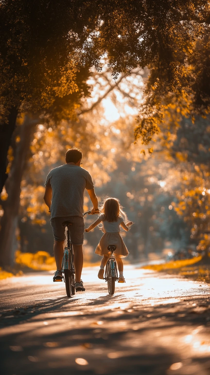 Father teaching daughter to ride a bicycle at sunset