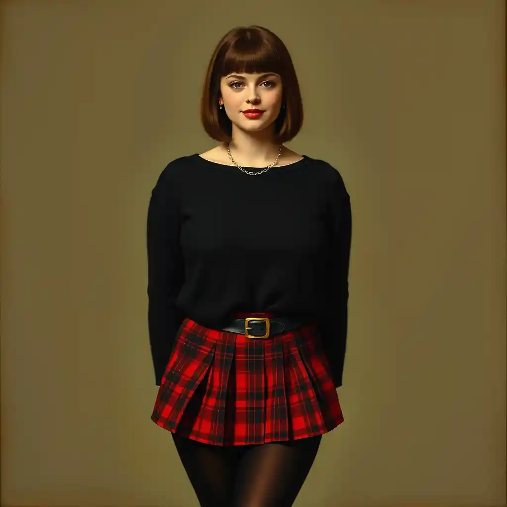 Young woman in black sweater and red plaid mini skirt