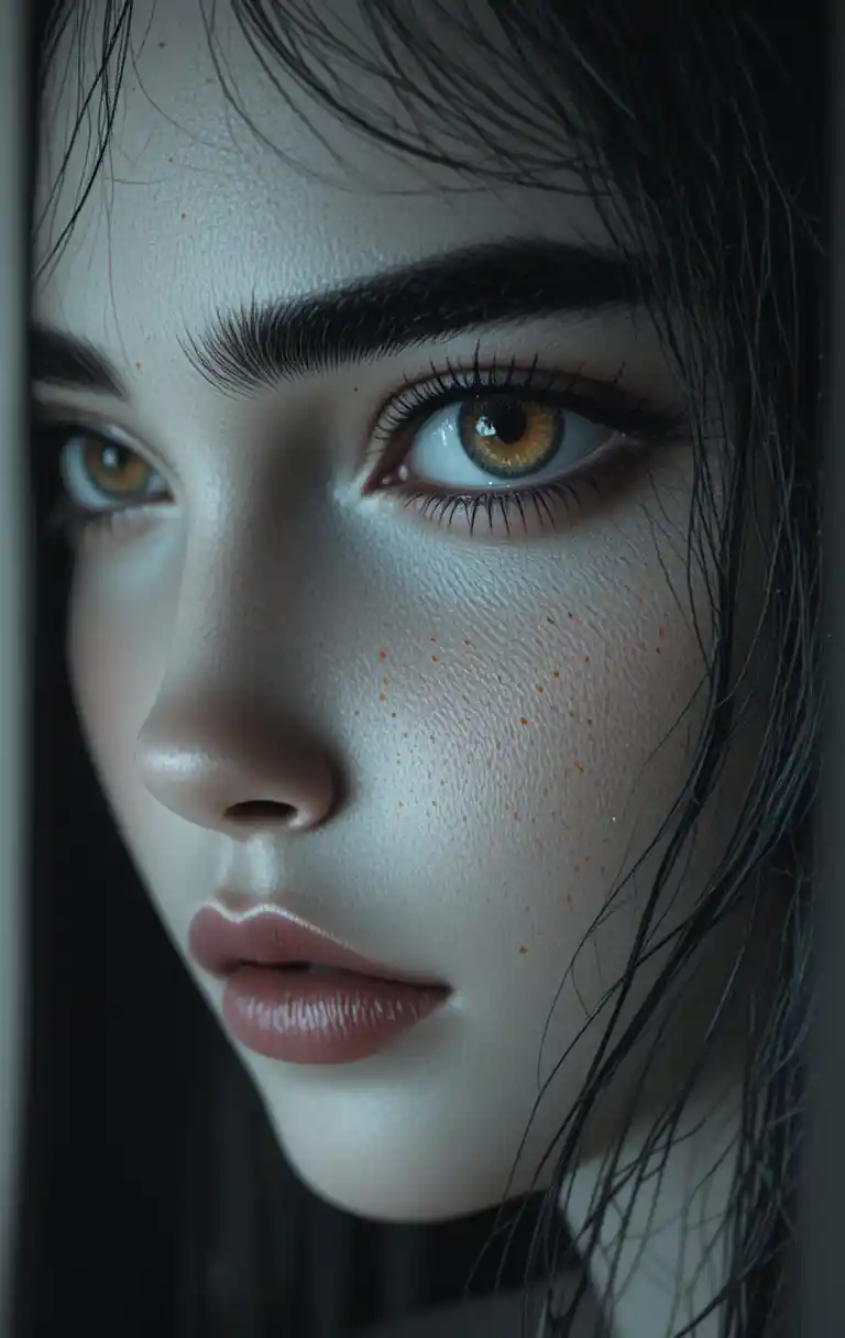 Ritratto CGI in primissimo piano di una donna con lentiggini