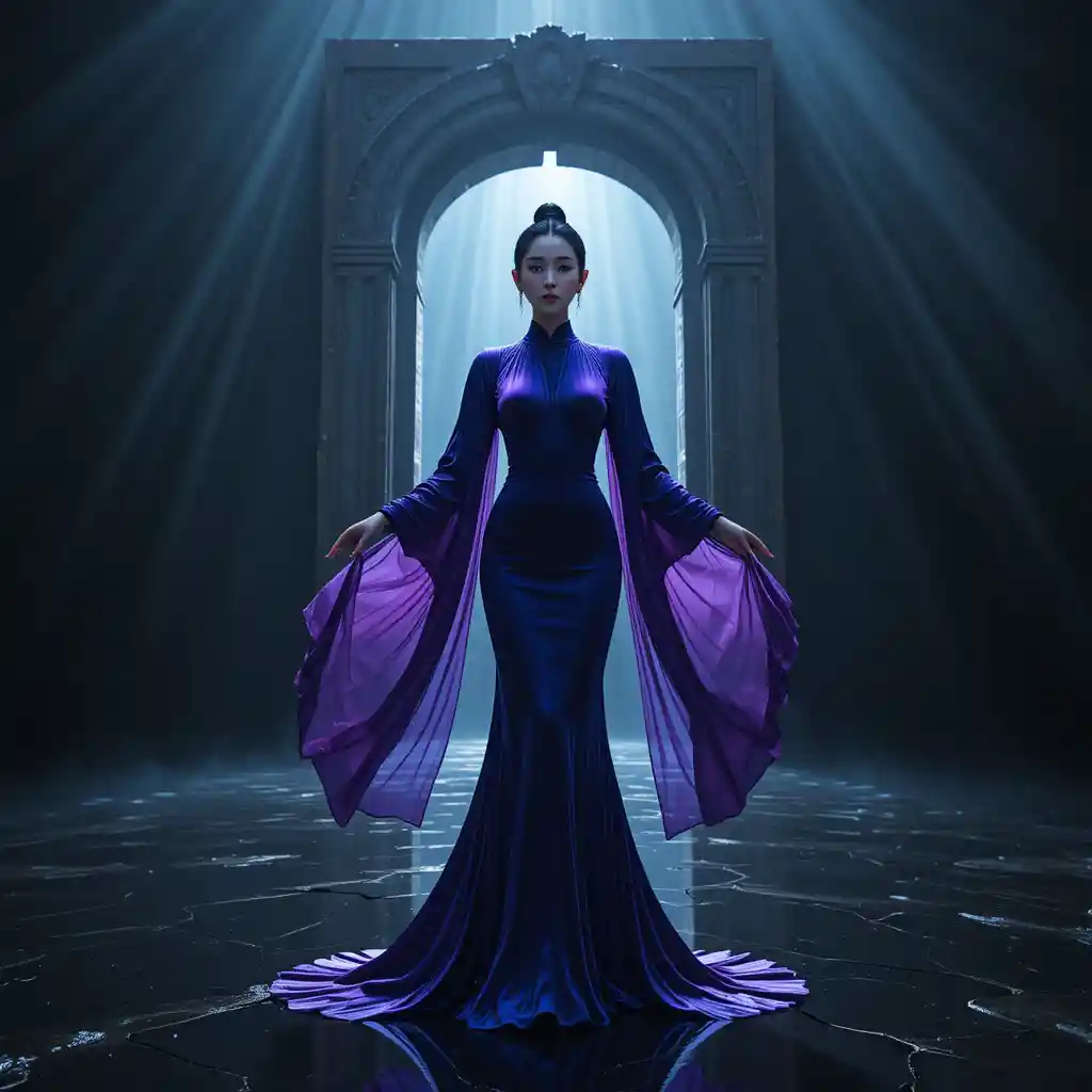 Korean woman in cobalt gown before glowing obsidian gateway