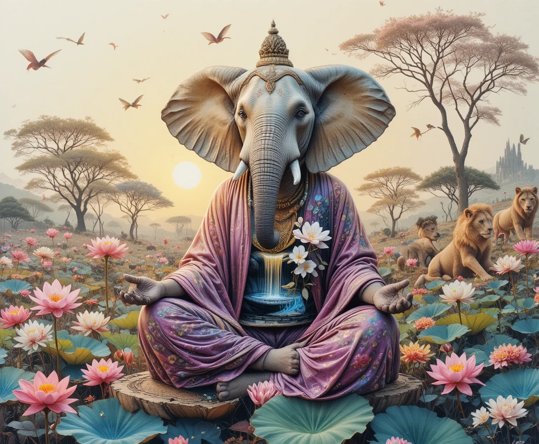 Meditating elephant on lotus blossom in colorful pencil art