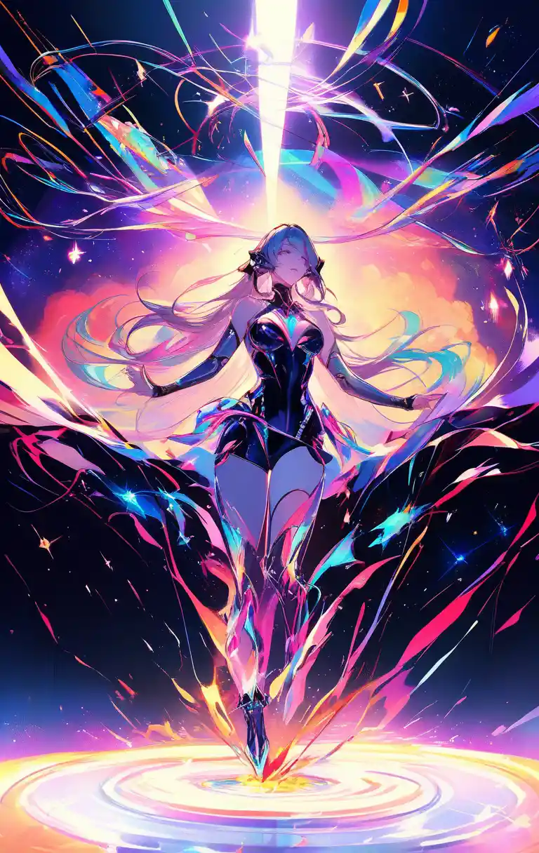 Futuristic cyborg woman surrounded by neon mystical energy