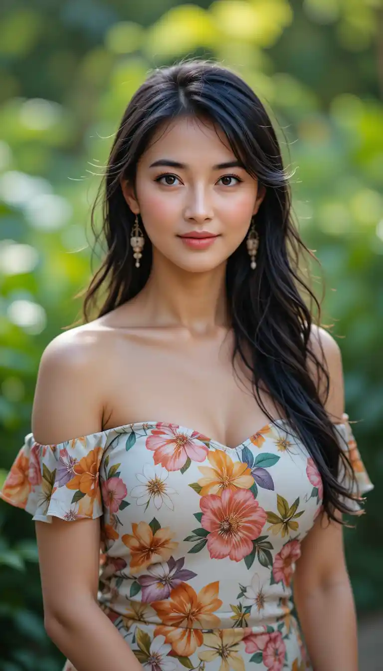 Young Samoan woman in floral top in soft outdoor portrait