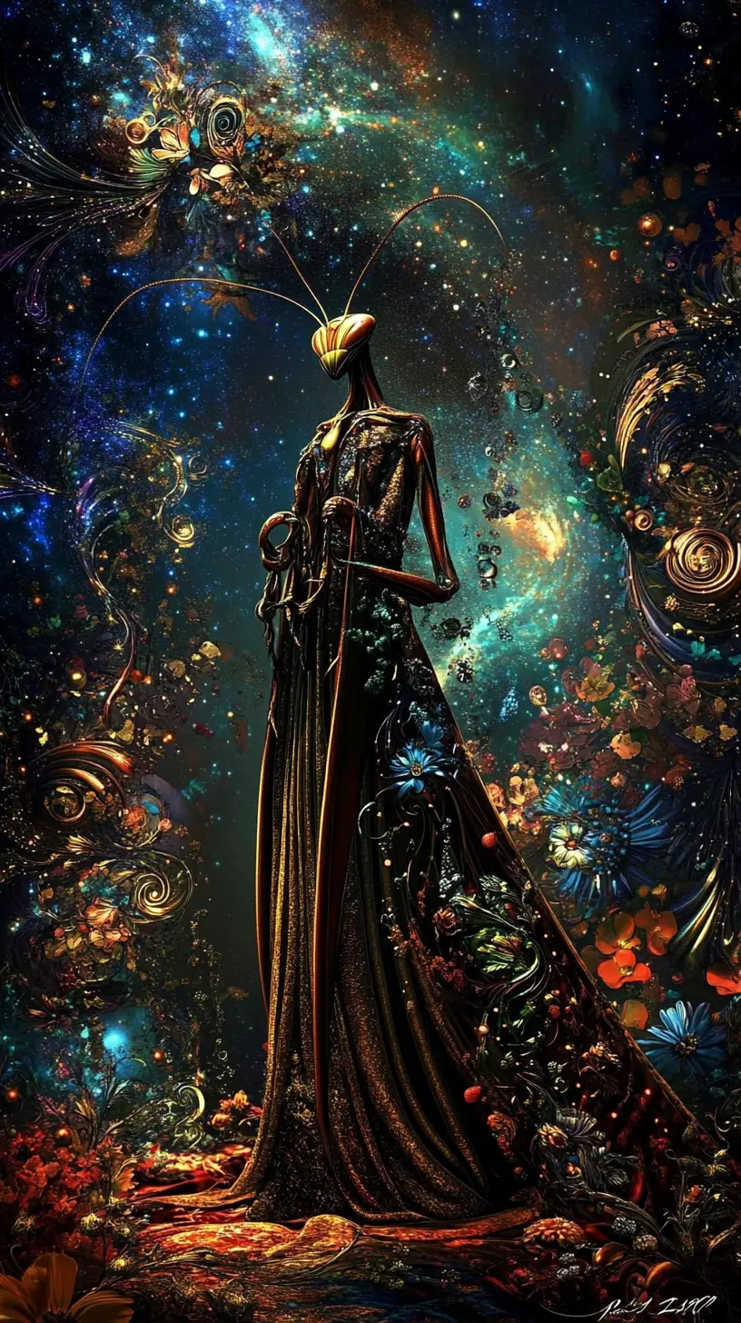 Serene Humanoid Mantis In Robes Against Cosmic Floral Sky
