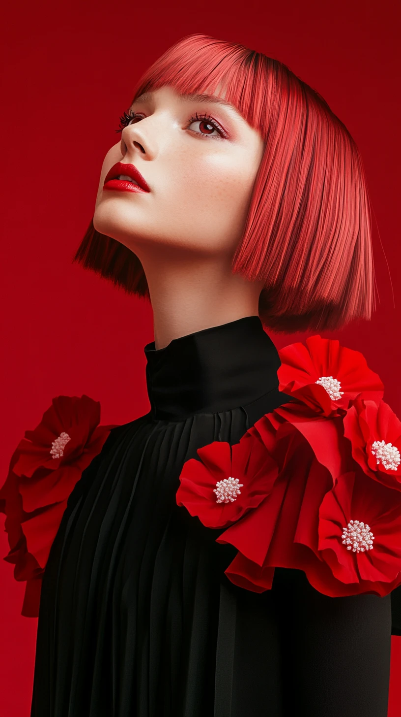Mujer de anime elegante con vestido negro sobre fondo rojo