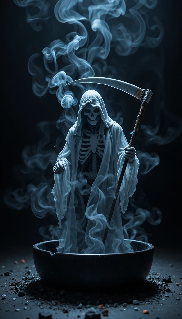 Smoking Grim Reaper Rising From Cigarette In Dark Scene